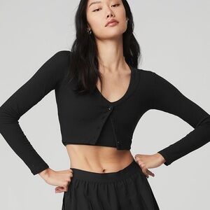 ALO YOGA Black Ribbed Cropped Cardigan